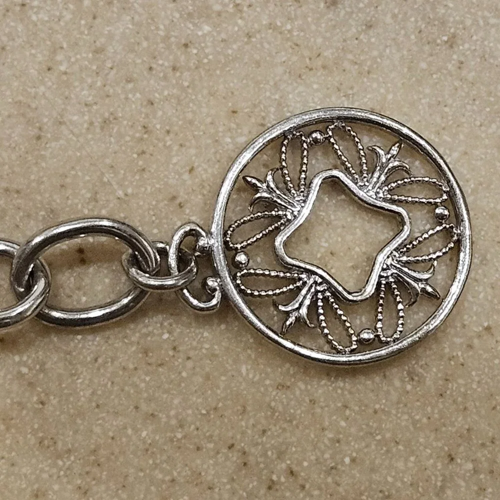 RARE VINTAGE MONICA RICH KOSANN SILVER CHARM ROLO TOGGLE FILIGREE BRACELET